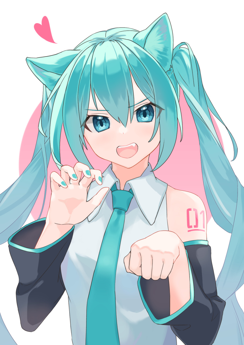1girl, animal_ears, aqua_eyes, aqua_hair, aqua_nails, aqua_neckwear, bare_shoulders, black_sleeves, cat_ears, claw_pose, commentary, detached_sleeves, fang, grey_shirt, hatsune_miku, heart, highres, kemonomimi_mode, long_hair, looking_at_viewer, nail_polish, necktie, open_mouth, send_himajin, shirt, shoulder_tattoo, sleeveless, sleeveless_shirt, solo, tattoo, twintails, upper_body, v-shaped_eyebrows, very_long_hair, vocaloid, white_background