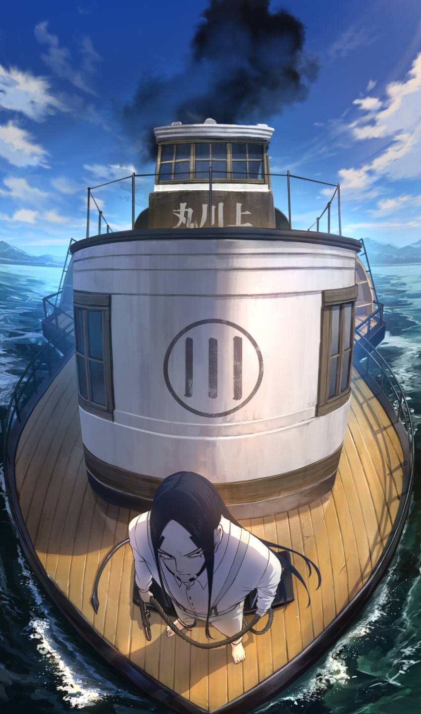 1boy, absurdres, beard, black_hair, boat, chain, day, facial_hair, fisheye, from_above, golden_kamuy, highres, holding, holding_chain, long_hair, oosawa_fusatarou, outdoors, smoke, solo, standing, ukai_(negi_wolf), water, watercraft