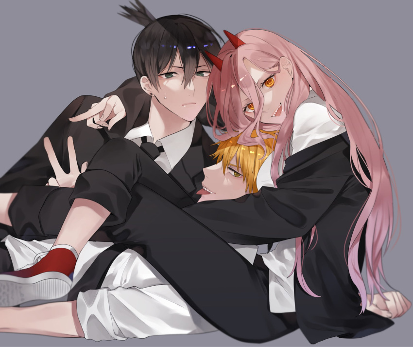 1girl, 2boys, bangs, beads, black_hair, black_neckwear, black_pants, black_suit