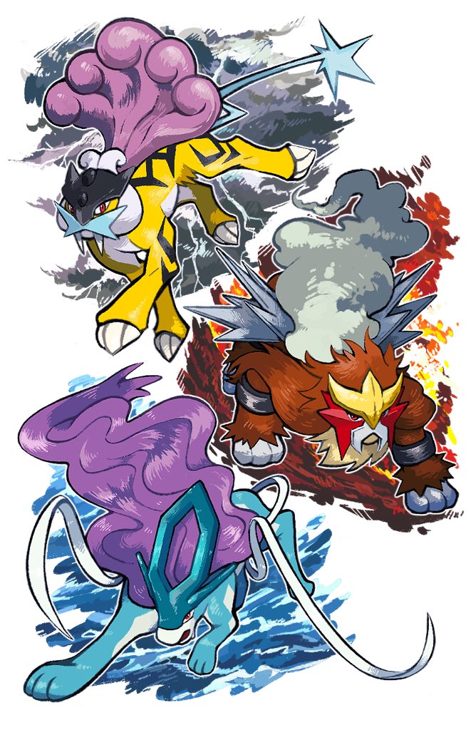 brown_eyes, closed_mouth, electricity, entei, fangs, fire, gen_2_pokemon, jumping