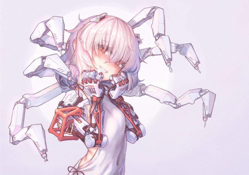1girl, commentary, covered_navel, cyborg, extra_arms, grin, hair_over_eyes, highres