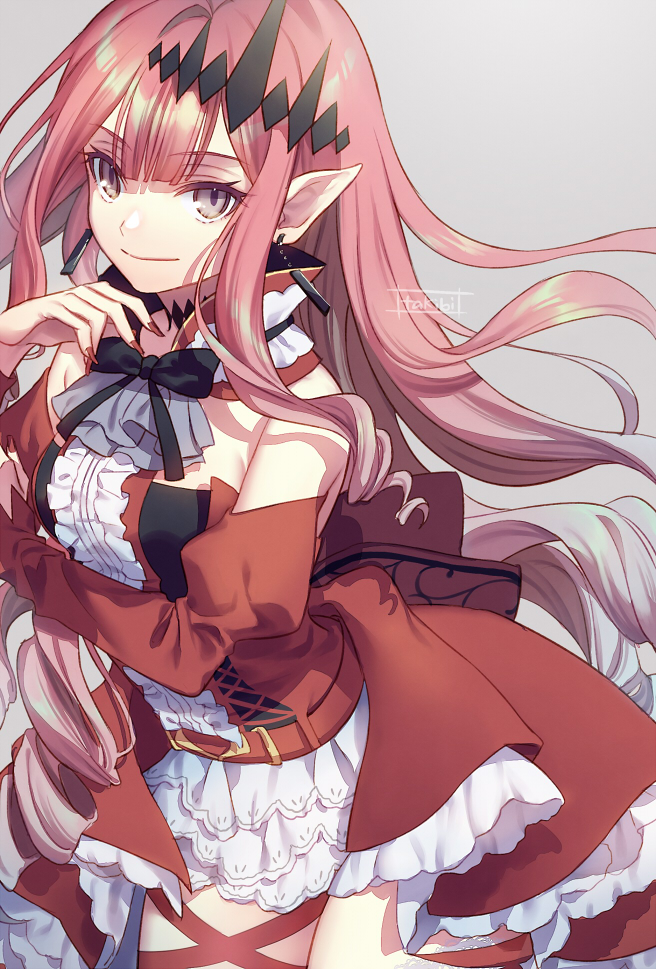1girl, bow, detached_sleeves, dress, earrings, fate/grand_order, fate_(series), fingernails, grey_eyes, jewelry, long_fingernails, long_hair, pink_hair, pointy_ears, red_dress, red_nails, signature, smile, takibixt, tristan_(fairy_knight)_(fate)