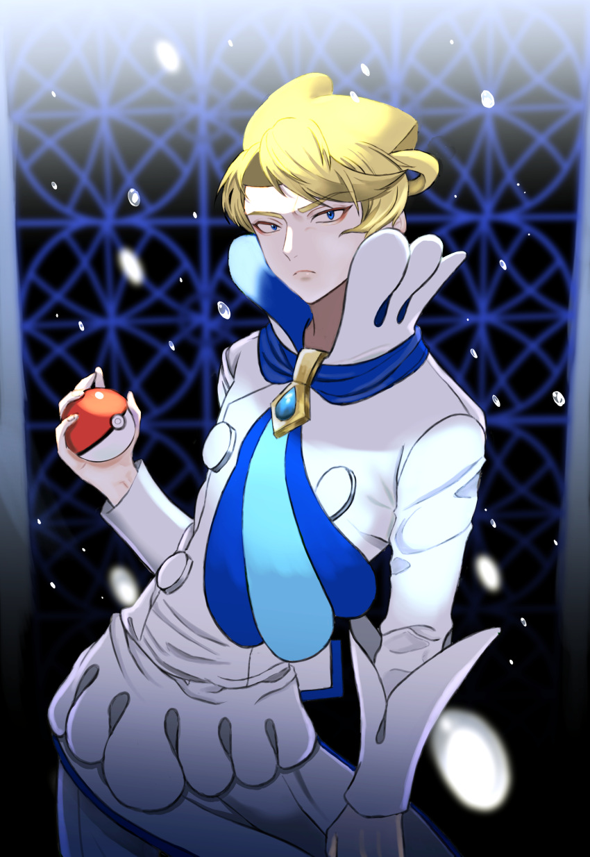 1boy, absurdres, apron, ascot, bangs, blonde_hair, blue_eyes, blue_neckwear