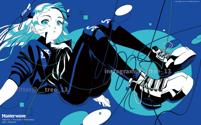 1girl, bangs, black_pants, blue_eyes, blue_jacket, blue_theme, blunt_bangs, circle