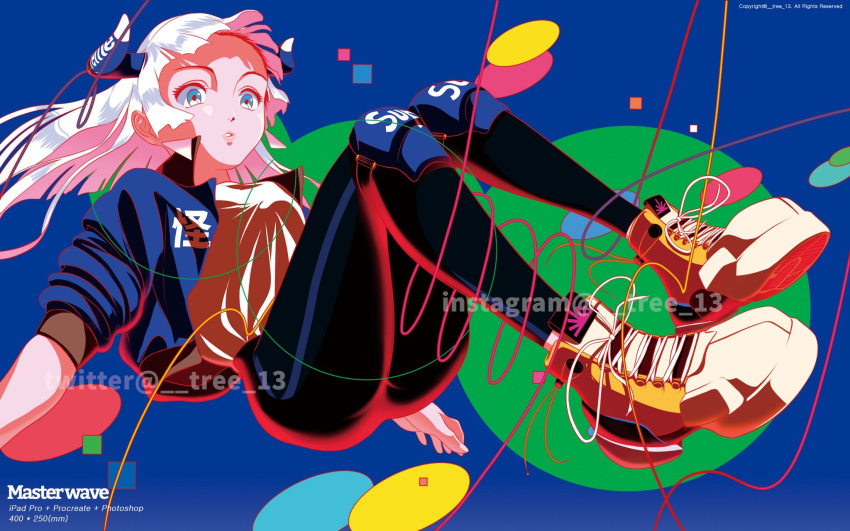 1girl, bangs, black_pants, blue_eyes, blue_jacket, blunt_bangs, circle, highres