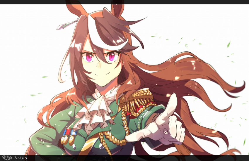 1girl, animal_ears, brown_hair, cravat, epaulettes, eyebrows_visible_through_hair, frogging, highres