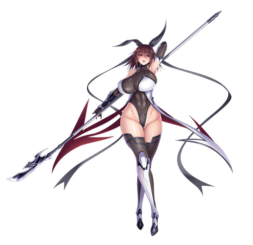 1girl, aoi_nagisa_(metalder), bare_shoulders, black_ribbon, blush, breasts, brown_hair, detached_sleeves