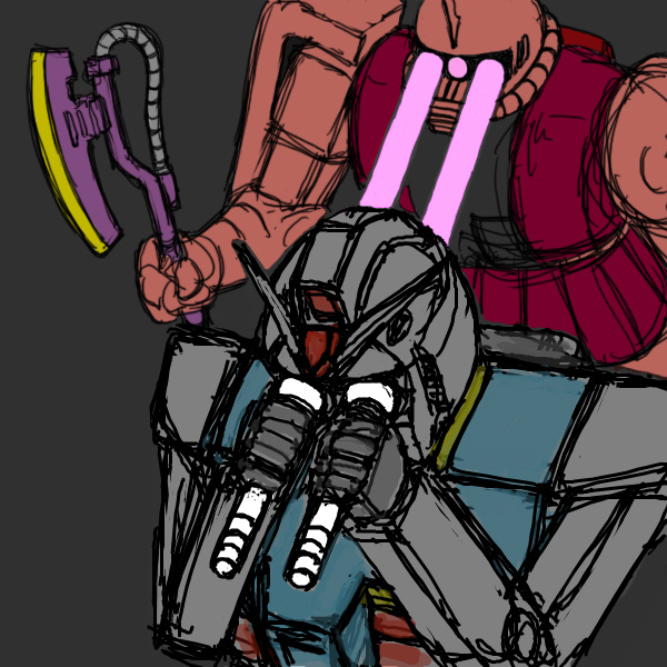beam_sabre, dual_wielding, energy_sword, gundam, mecha, mobile_suit_gundam, rx-78-2, sanpei3, simple_background, sword, weapon, zaku, zaku_ii, zaku_ii_s_char_custom