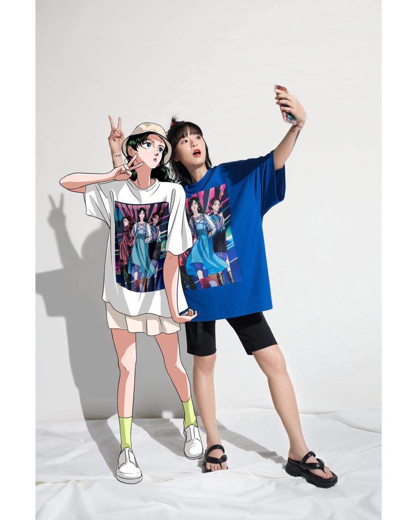 2girls, black_footwear, black_shorts, blue_shirt, fashion, full_body, hat, highres, multiple_girls, original, photo_background, print_shirt, sandals, selfie, shadow, shirt, shoes, shorts, skirt, standing, tree_13, v, white_footwear, white_shirt, white_skirt, yellow_legwear