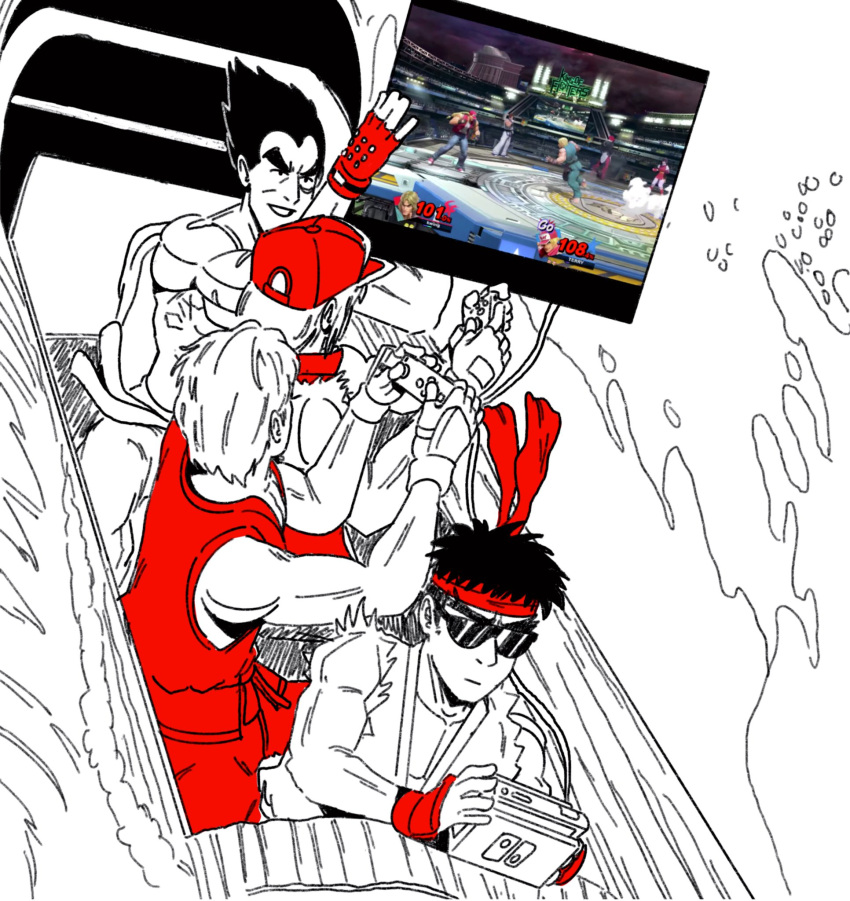 1girl, artist_request, baseball_cap, black_hair, blue_eyes, boat, breasts, brown_hair, comedy, dougi, fatal_fury, fatal_fury_cap, fingerless_gloves, game_console, gamecube, gloves, hat, highres, ken_masters, kim_kaphwan, long_hair, male_focus, mishima_kazuya, multiple_boys, muscular, pants, ponytail, red_eyes, ryu_(street_fighter), scar, shiranui_mai, shirtless, short_hair, simple_background, smile, splash_mountain, street_fighter, street_fighter_ii_(series), super_smash_bros., tekken, television, terry_bogard, the_king_of_fighters, thick_eyebrows, vest, watercraft, yagami_iori