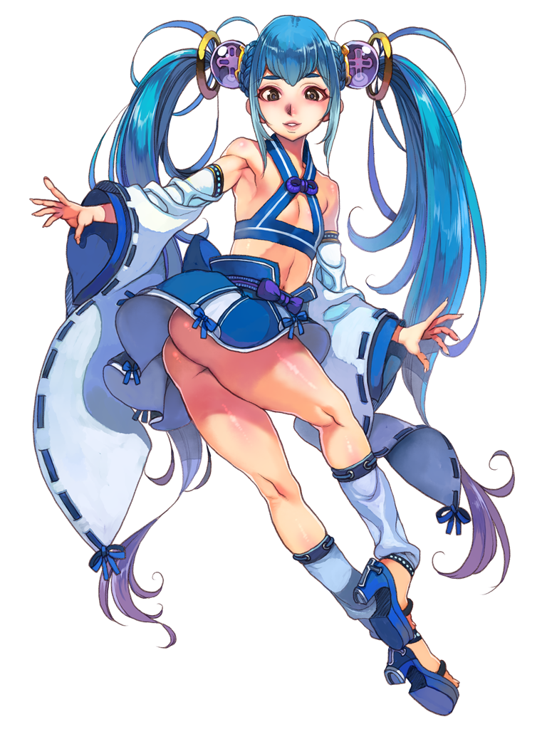 ass, bangs, blue_hair, brown_eyes, dairoku_youhei, detached_sleeves, f.s., flat_chest