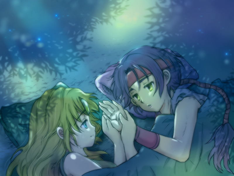 hand_holding, holding_hands, lying, milan1000, night, riesz, seiken_densetsu, seiken_densetsu_3