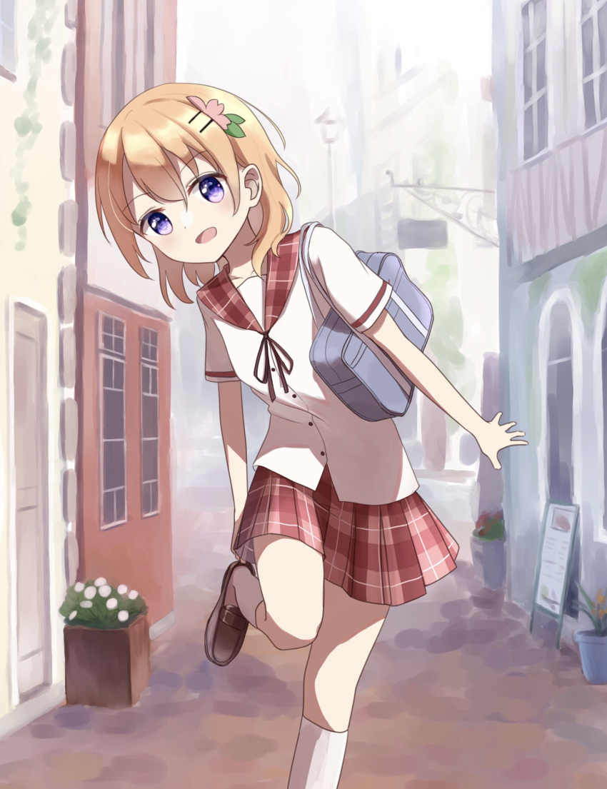 1girl, bag, eyebrows_visible_through_hair, flower, gochuumon_wa_usagi_desu_ka?, hair_flower, hair_ornament, highres, hoto_cocoa, humichika, miniskirt, open_mouth, orange_hair, pleated_skirt, school_uniform, serafuku, shoes, skirt, smile, socks, solo, standing, standing_on_one_leg, violet_eyes