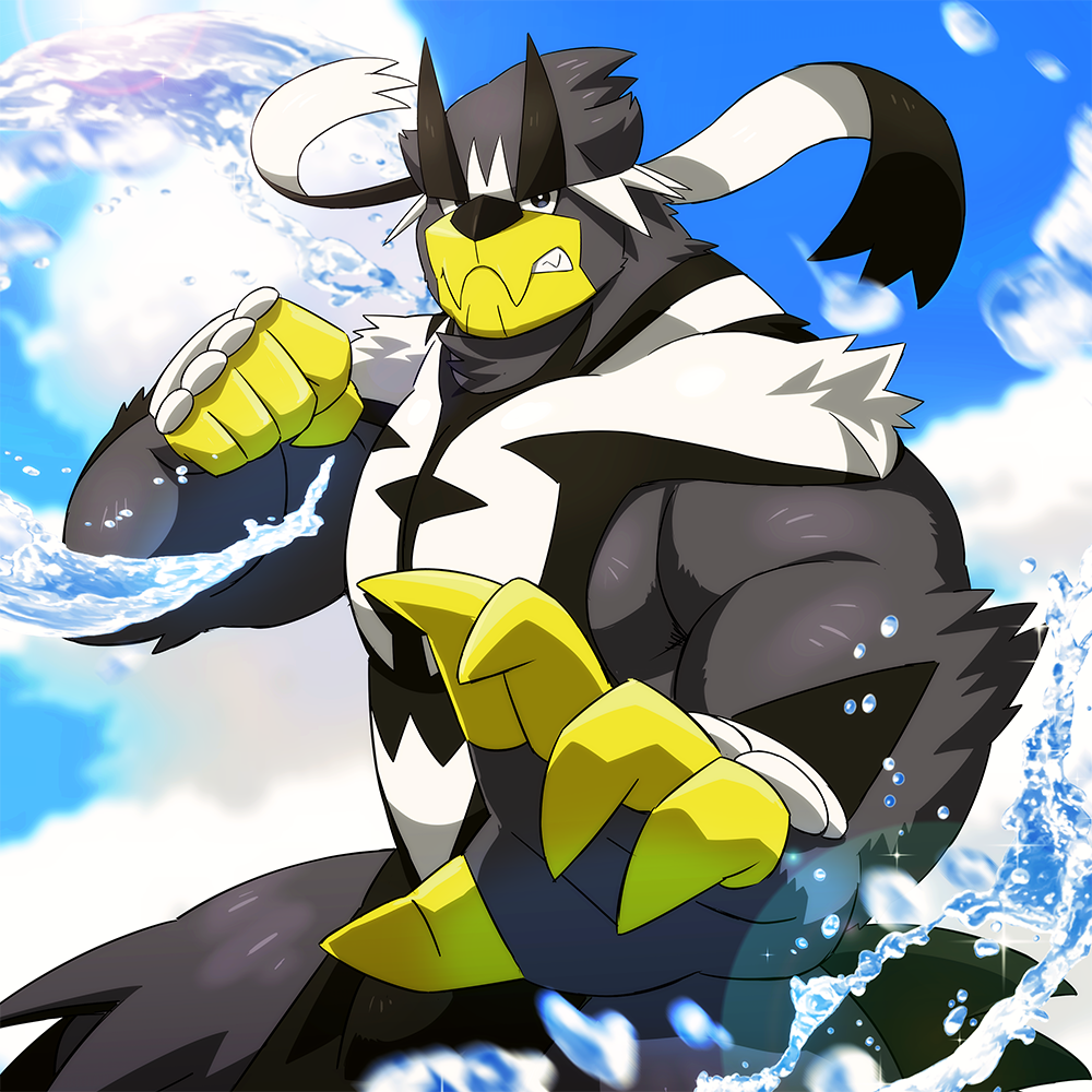black_eyes, blurry, bright_pupils, clenched_hand, clouds, commentary_request, day, gen_8_pokemon