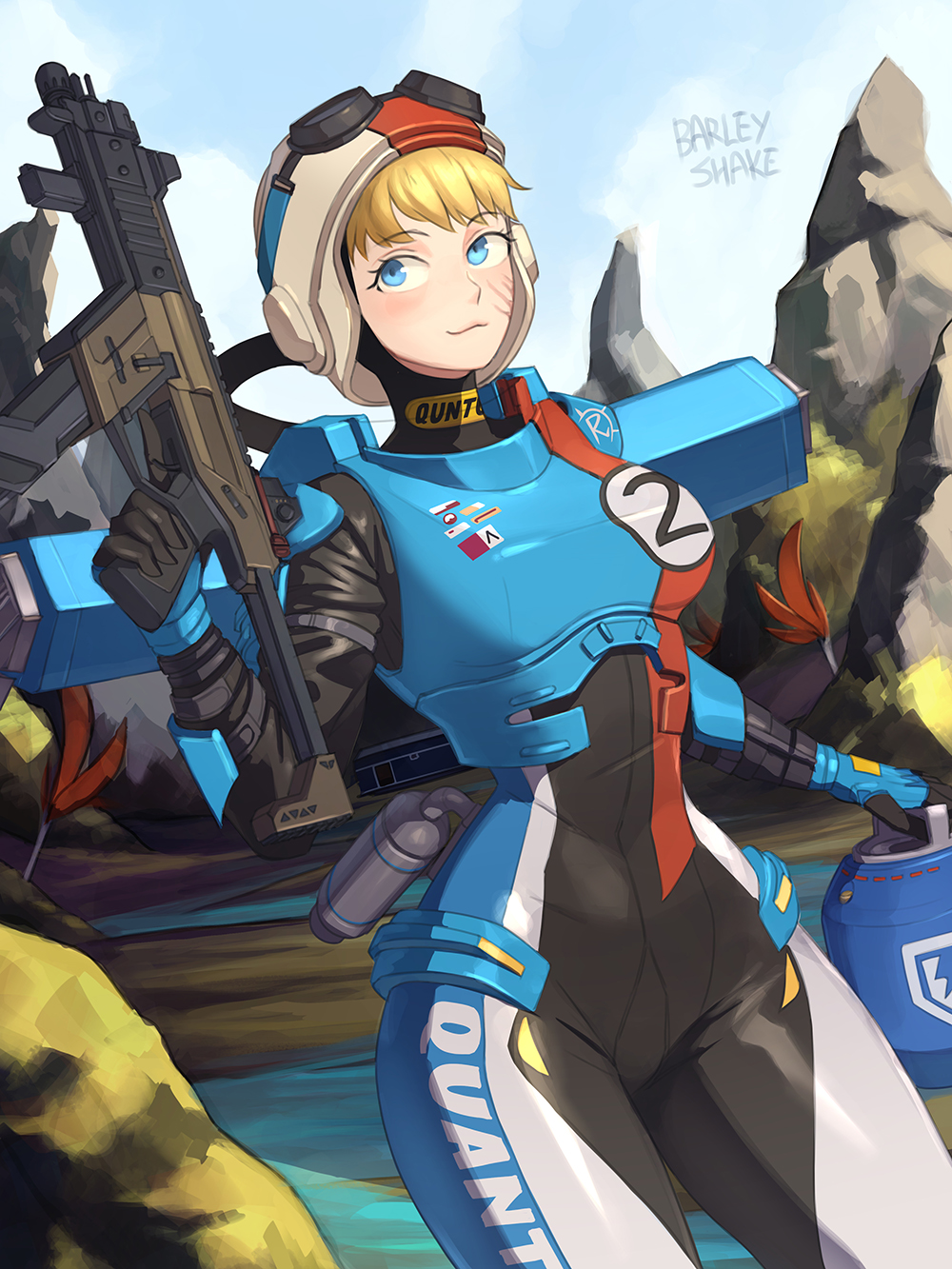 1girl, apex_legends, armor, barleyshake, blonde_hair, blue_eyes, bodysuit, breastplate