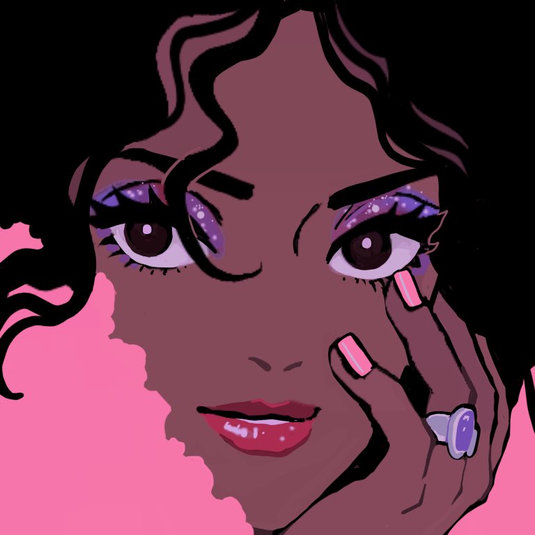 1girl, black_eyes, dark-skinned_female, dark_skin, eyeliner, flat_color, hand_up, jewelry