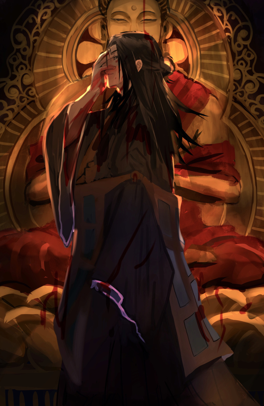 1boy, absurdres, arm_up, black_eyes, black_hair, black_kimono, blood, blood_on_face, bloody_clothes, bloody_hands, buddha, buddhism, covered_mouth, facial_mark, feet_out_of_frame, forehead_mark, getou_suguru, hair_bun, half-closed_eyes, hand_on_own_face, highres, japanese_clothes, jujutsu_kaisen, kimono, long_hair, long_sleeves, looking_at_viewer, lotus_pedestal, lotus_position, male_focus, ogura_aoi, sash, sitting, solo, standing, statue, tsurime, wide_sleeves