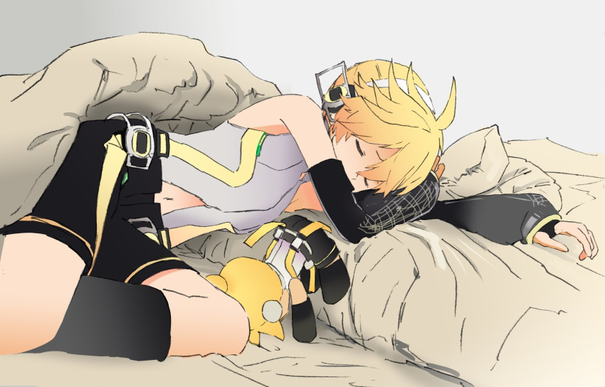 1boy, bare_shoulders, bed, black_legwear, black_shorts, black_sleeves, blonde_hair, character_doll