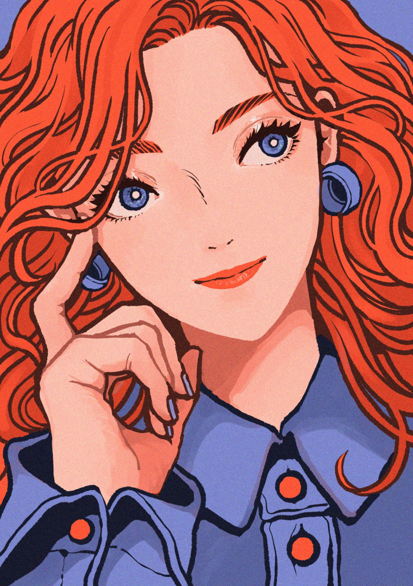 1girl, collared_shirt, earrings, hand_up, highres, jewelry, long_hair, long_sleeves