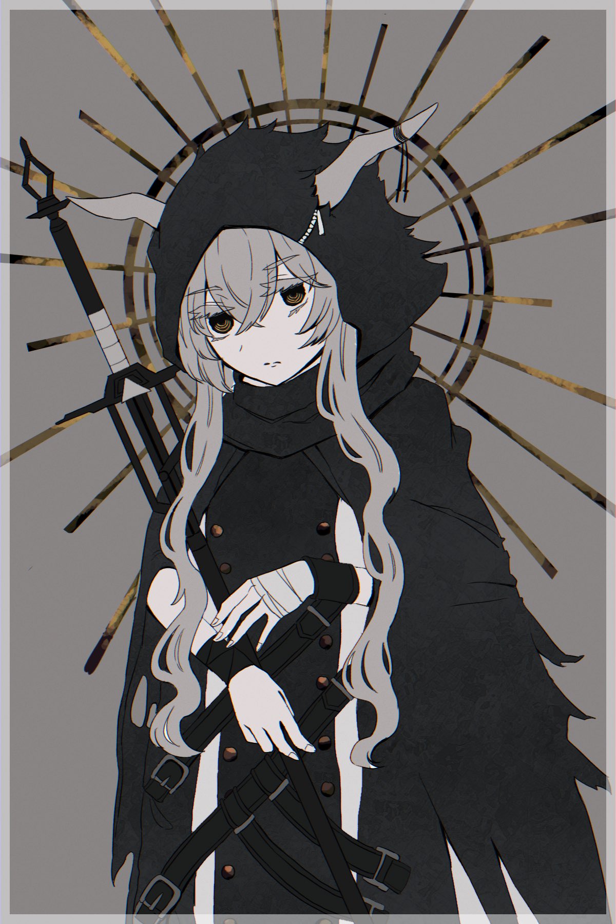 1girl, arknights, black_cloak, breasts, brown_eyes, cloak, commentary_request, demon_horns