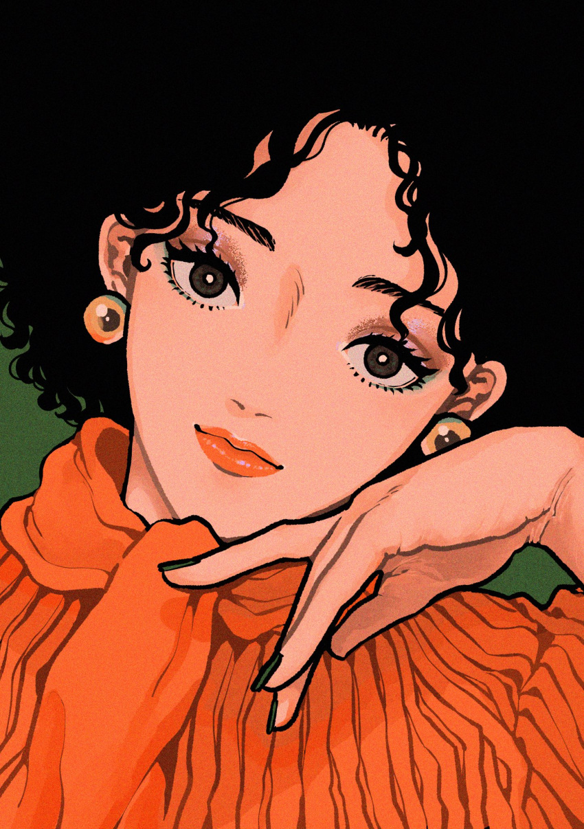 1girl, black_eyes, black_hair, bright_pupils, earrings, green_background, grey_nails, hand_up