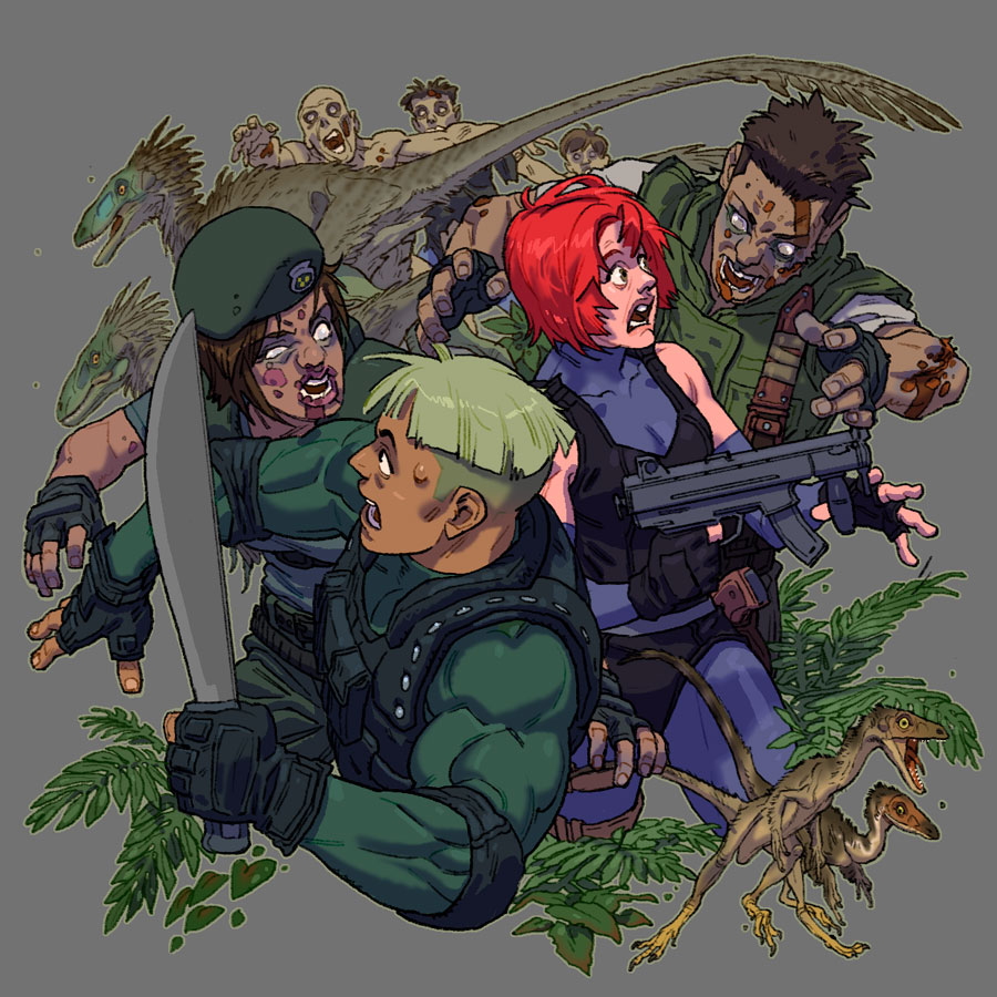 2boys, 2girls, bad_end, blue_bodysuit, bodysuit, capcom, chris_redfield, company_connection