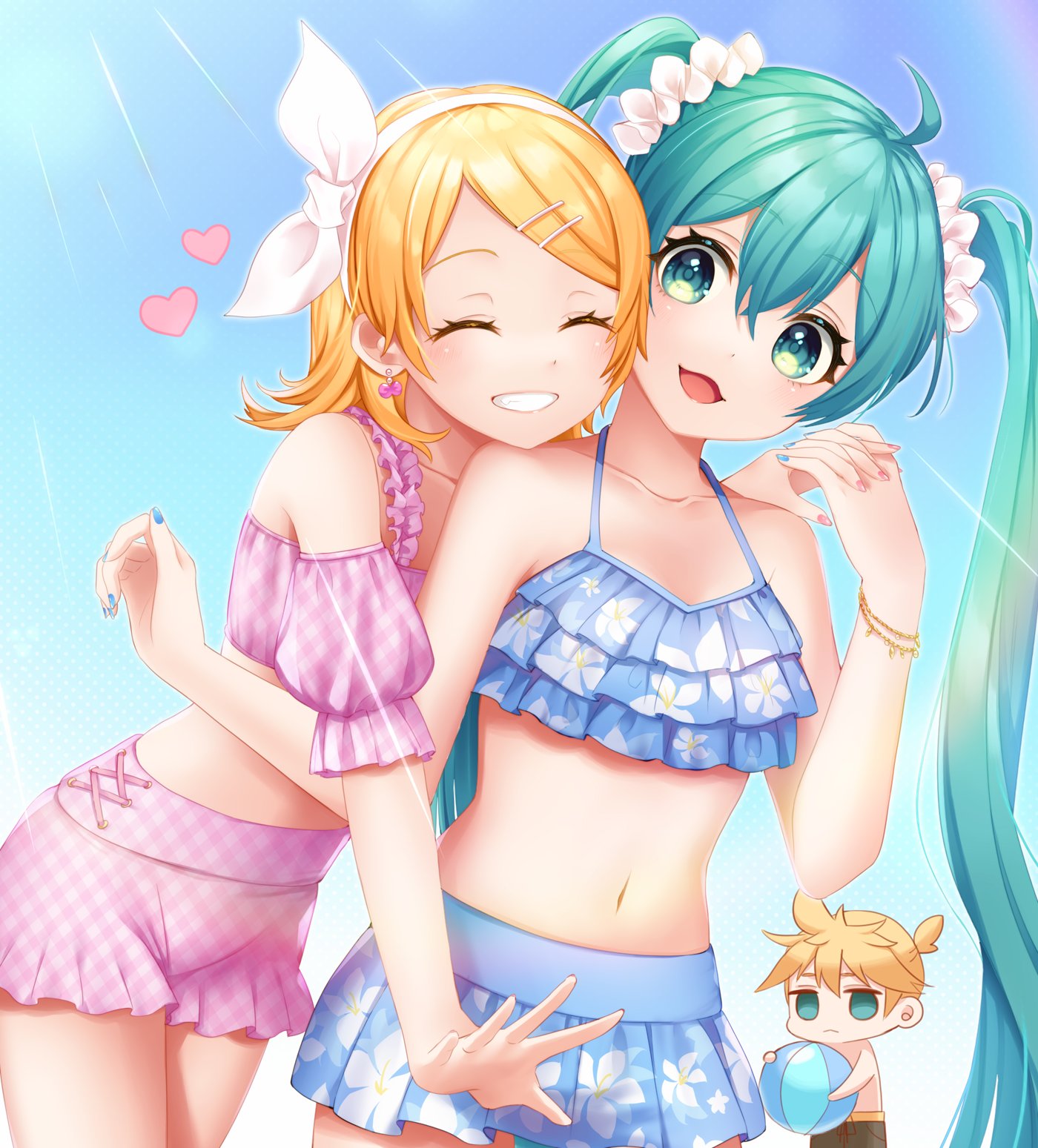 1boy, 2girls, :<, aqua_eyes, aqua_hair, aqua_nails, ball, bangs