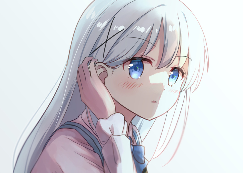 1girl, blue_bow, blue_eyes, blue_hair, blush, bow, eyebrows_visible_through_hair, gochuumon_wa_usagi_desu_ka?