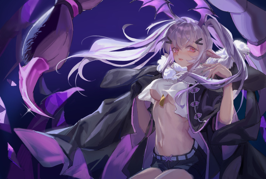 1girl, absurdres, arknights, bangs, black_shorts, breasts, commentary_request, crop_top