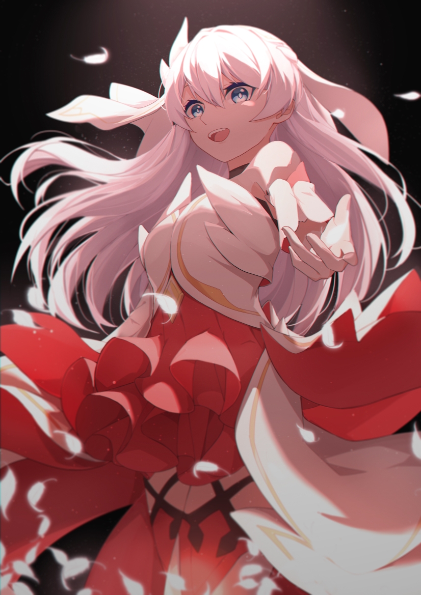 1girl, :d, bangs, bare_shoulders, blue_eyes, hair_between_eyes, hair_ornament, honkai_(series)