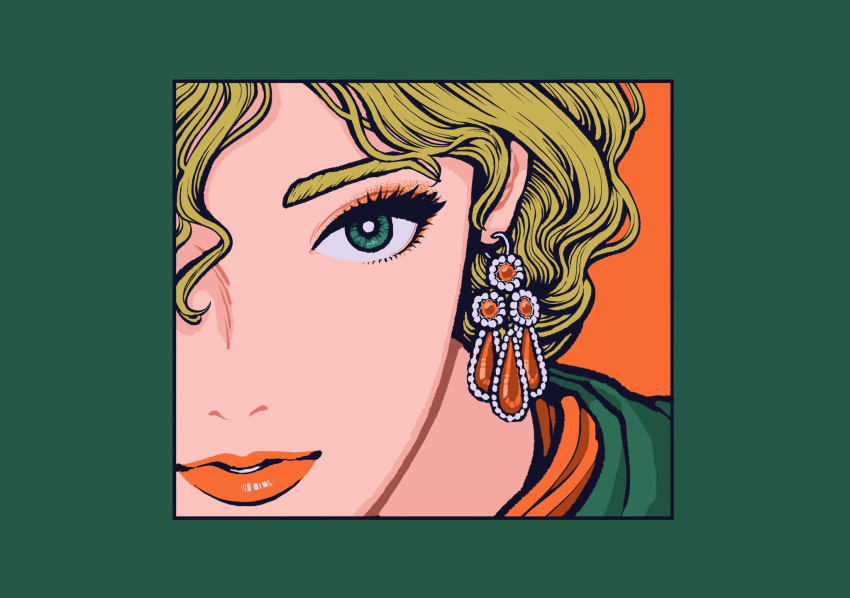 1girl, blonde_hair, border, bright_pupils, earrings, green_border, green_eyes, highres