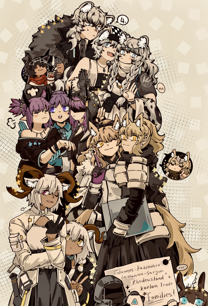 1other, 3boys, 6+girls, :d, :o, ;), ;d, amiya_(arknights), animal_ear_fluff, animal_ears, arknights, armor, aunt_and_niece, bangs, bare_shoulders, beeswax_(arknights), black_dress, black_gloves, black_shirt, blemishine_(arknights), blonde_hair, breastplate, brother_and_sister, cabbie_hat, carnelian_(arknights), chinese_commentary, cliffheart_(arknights), closed_eyes, coat, commentary_request, courier_(arknights), doctor_(arknights), dress, dual_persona, gloves, grey_background, grey_eyes, hat, hibiscus_(arknights), highres, horns, lanserongjie, lava_(arknights), leopard_ears, long_hair, looking_at_another, looking_at_viewer, matterhorn_(arknights), multiple_boys, multiple_girls, nearl_(arknights), off-shoulder_shirt, off_shoulder, one_eye_closed, open_mouth, pauldrons, pointy_ears, pramanix_(arknights), purgatory_(arknights), purple_hair, shirt, short_hair, shoulder_armor, siblings, silver_hair, silverash_(arknights), sisters, sleeveless, smile, tail, violet_eyes, whislash_(arknights), white_coat