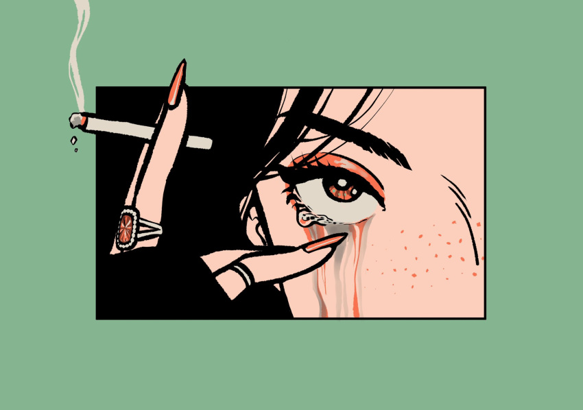 1girl, black_hair, border, cigarette, freckles, green_border, highres, holding, holding_cigarette, jewelry, looking_at_viewer, makeup, mascara, minillustration, original, outside_border, red_eyes, red_nails, ring, runny_makeup, smoke, solo, tears