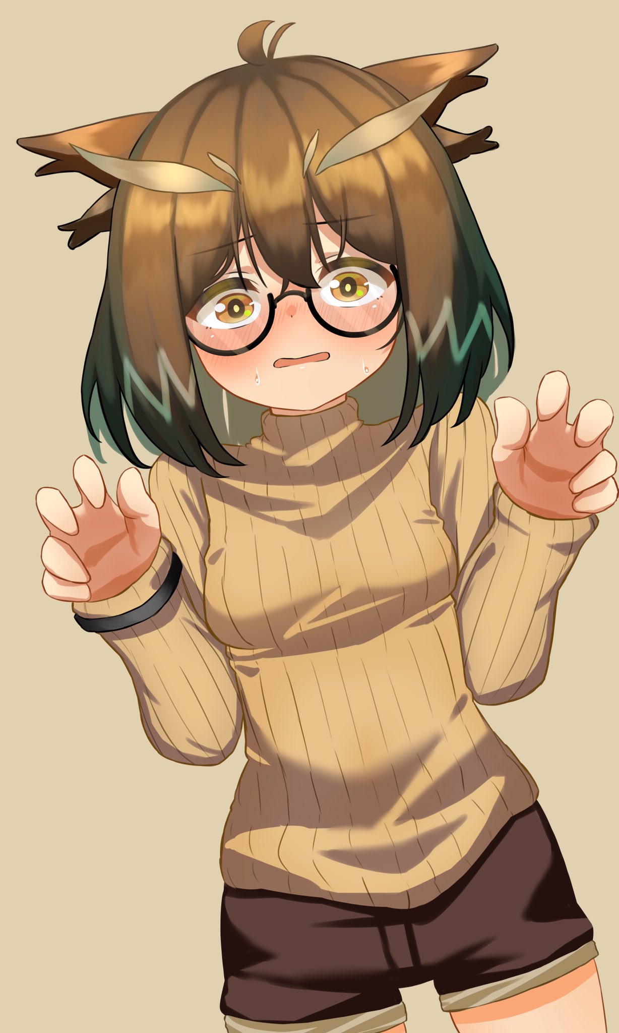 1girl, ahoge, arknights, beige_sweater, black_shorts, blush, breasts, brown_background, brown_hair, cowboy_shot, feather_hair, glasses, hands_up, highres, looking_at_viewer, monn_itsu, open_mouth, semi-rimless_eyewear, short_hair, shorts, silence_(arknights), simple_background, small_breasts, solo, sweat, under-rim_eyewear, yellow_eyes