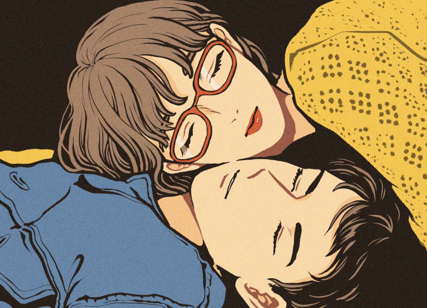 1boy, 1girl, bangs, black_background, blue_shirt, brown_hair, closed_eyes, glasses