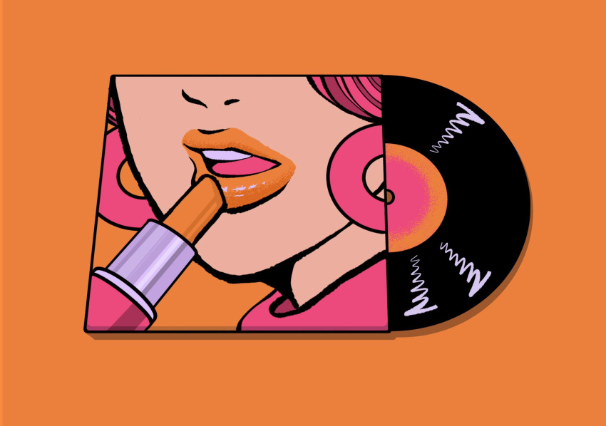cosmetics, earrings, highres, jewelry, lipstick_tube, minillustration, no_humans, open_mouth, orange_background, orange_lips, orange_lipstick_tube, original, pink_hair, record, record_jacket, shadow, shiny, simple_background