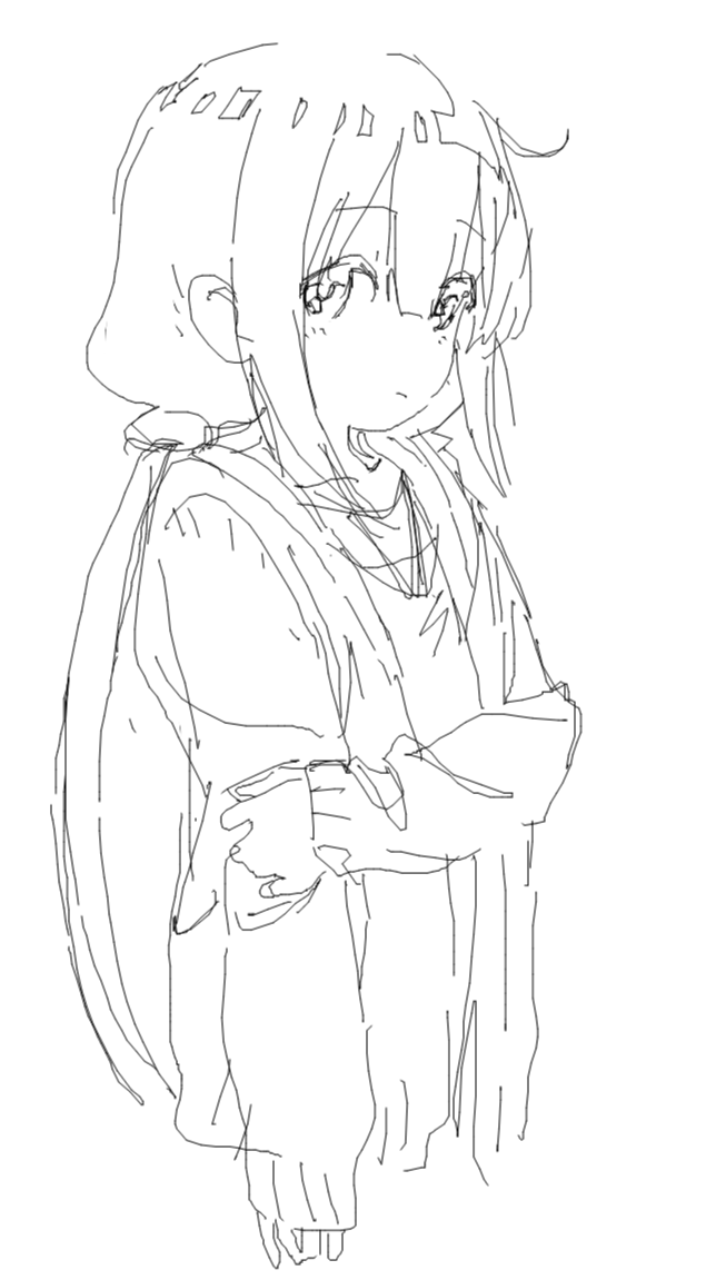 1girl, :/, ahoge, arm_at_side, bangs, blunt_bangs, cardigan, closed_mouth