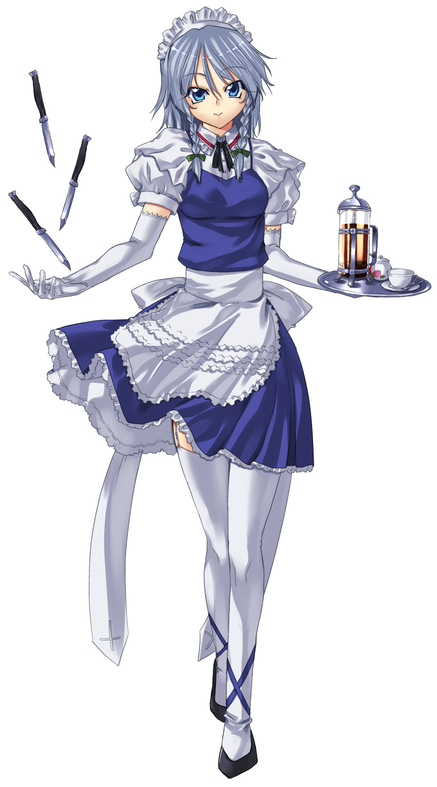 absurdres, ankle_lace-up, apron, blue_eyes, braid, cross-laced_footwear, cup, elbow_gloves