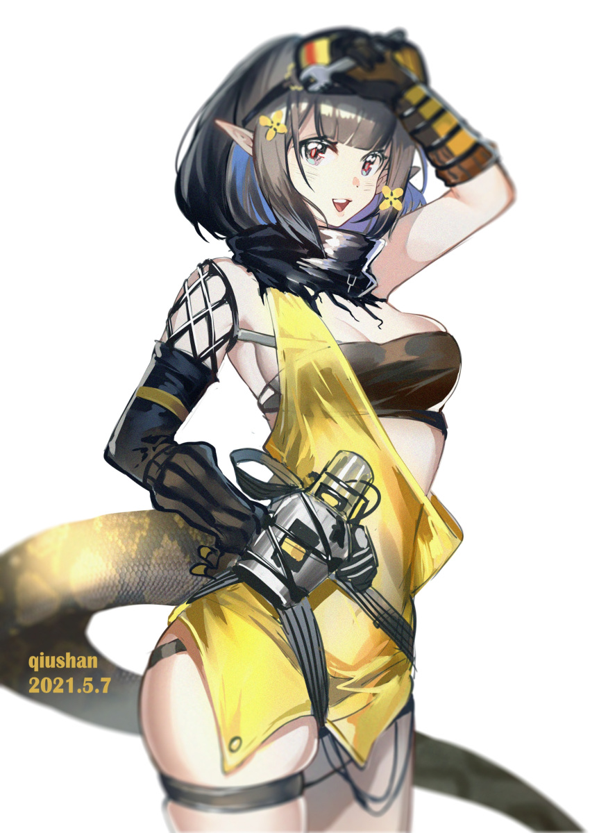 1girl, :d, absurdres, arknights, arm_up, bandeau, bangs, bare_shoulders