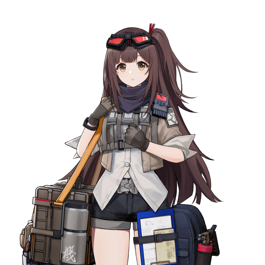1girl, bag, brown_hair, case, clipboard, clothing_cutout, duffel_bag, girls_frontline_2:_exilium