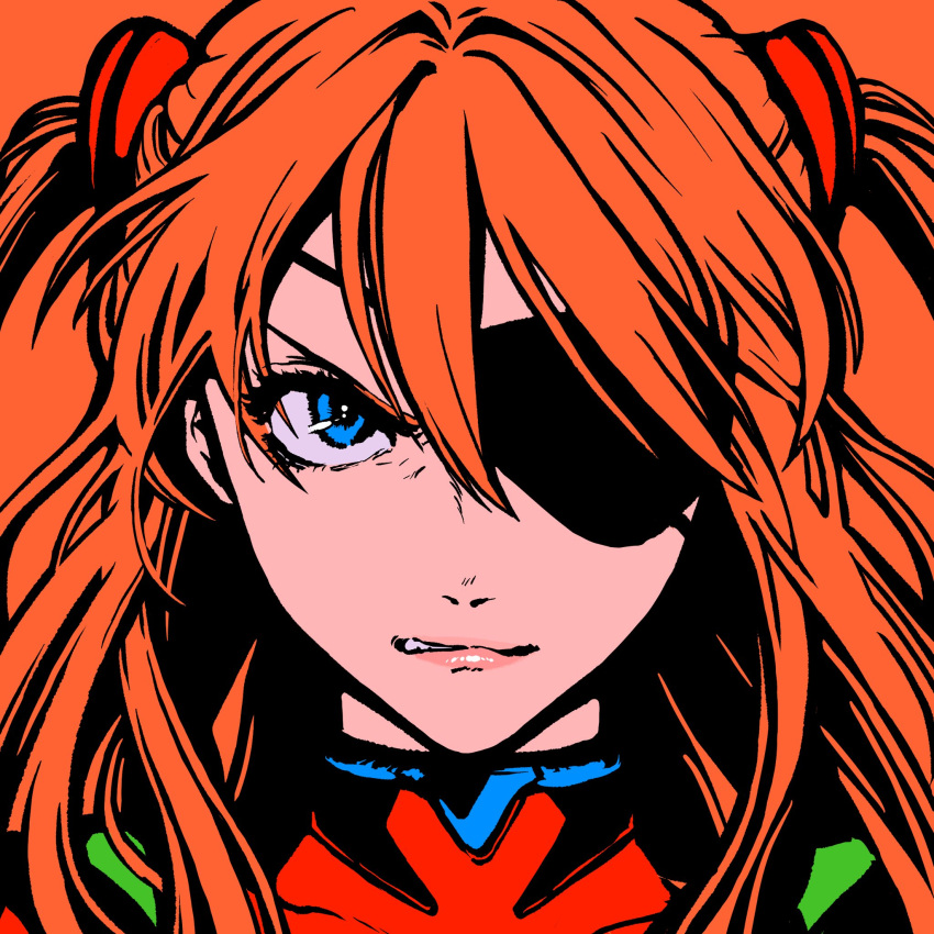 1girl, blue_eyes, bodysuit, eyepatch, hair_between_eyes, highres, looking_at_viewer, minillustration, neon_genesis_evangelion, orange_background, orange_hair, parted_lips, rebuild_of_evangelion, red_bodysuit, simple_background, solo, souryuu_asuka_langley