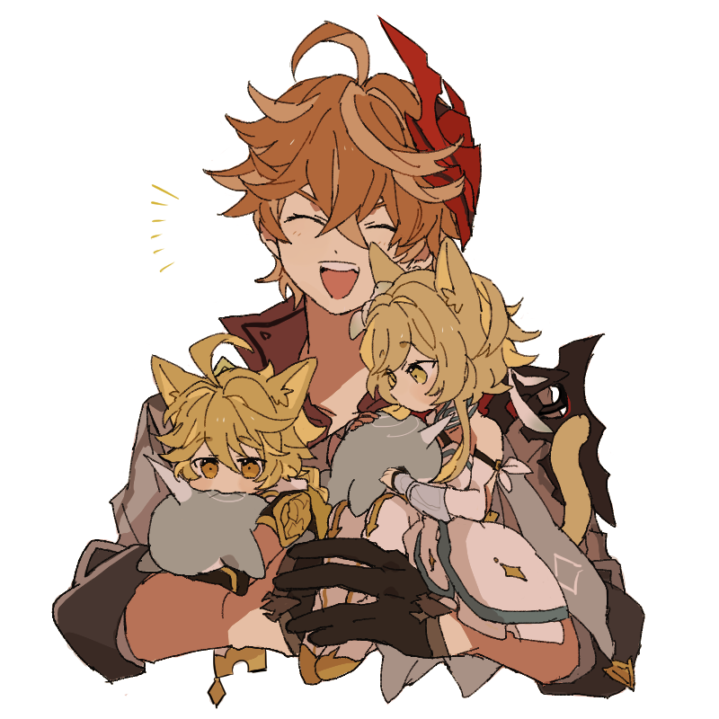 1girl, 2boys, aether_(genshin_impact), ahoge, animal_ears, bangs, black_gloves, blonde_hair