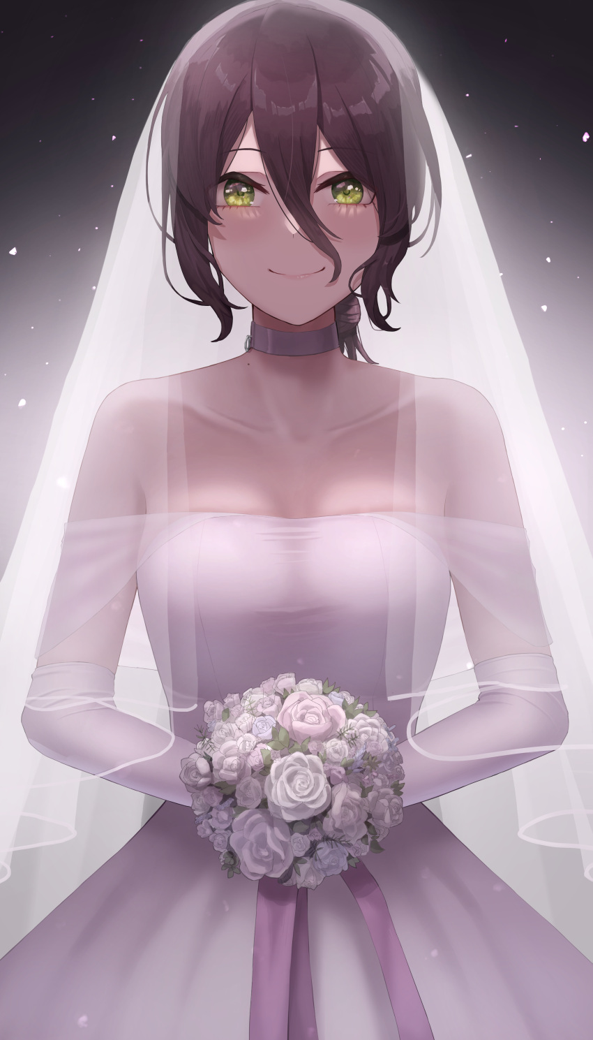 1girl, absurdres, alternate_costume, bare_shozulders, black_background, black_hair, blush, bouquet, breasts, bridal_veil, chainsaw_man, closed_mouth, collarbone, commentary, dress, elbow_gloves, english_commentary, flower, gloves, gradient, gradient_background, green_eyes, grenade_pin, hair_between_eyes, hair_bun, highres, holding, holding_bouquet, lips, looking_at_viewer, medium_breasts, mole, off-shoulder_dress, off_shoulder, purple_ribbon, reze_(chainsaw_man), ribbon, rose, short_hair, silver_choker, simple_background, smile, solo, tare_negima, upper_body, veil, wedding_dress, white_dress, white_flower, white_gloves, white_rose