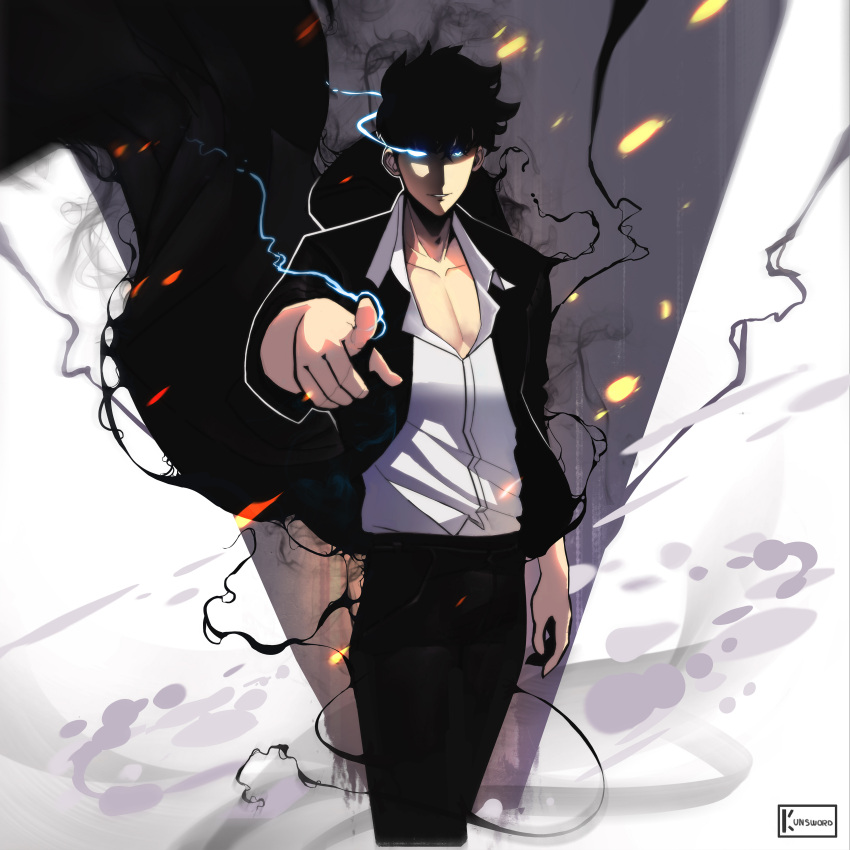 1boy, absurdres, black_hair, black_jacket, black_pants, blue_eyes, glowing, glowing_eye, highres, jacket, kunsword, looking_at_viewer, pants, pointing, pointing_at_viewer, shirt, short_hair, solo, solo_leveling, sung_jin-woo, white_shirt