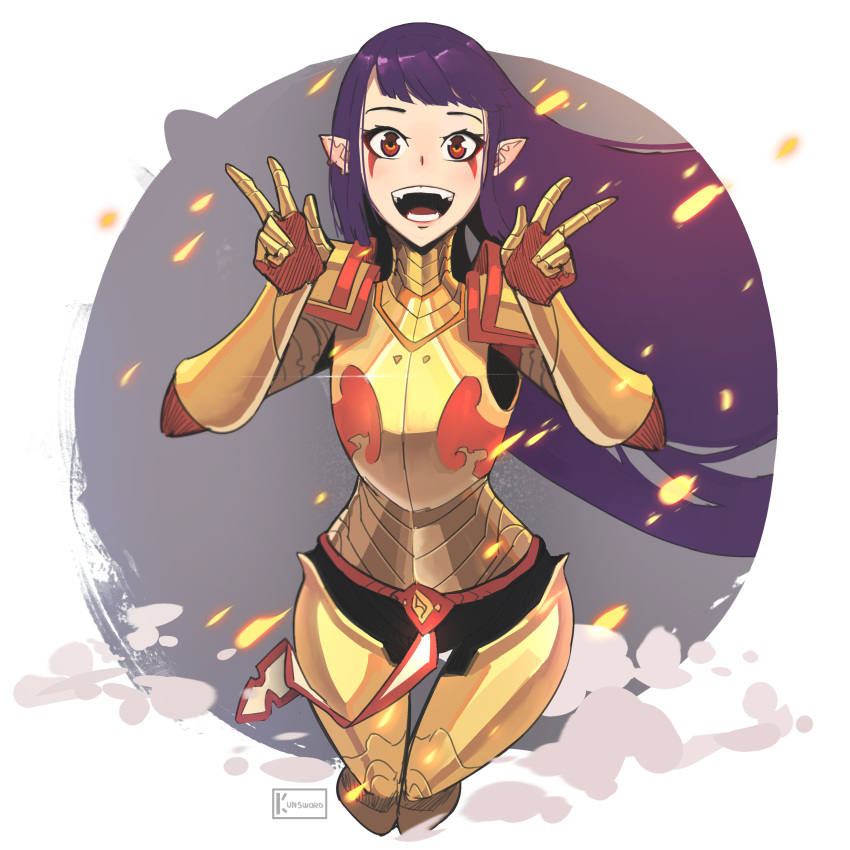 1girl, absurdres, armor, esil_radiru, highres, kunsword, long_hair, looking_at_viewer, open_mouth, pointy_ears, purple_hair, red_eyes, smile, solo, solo_leveling, v