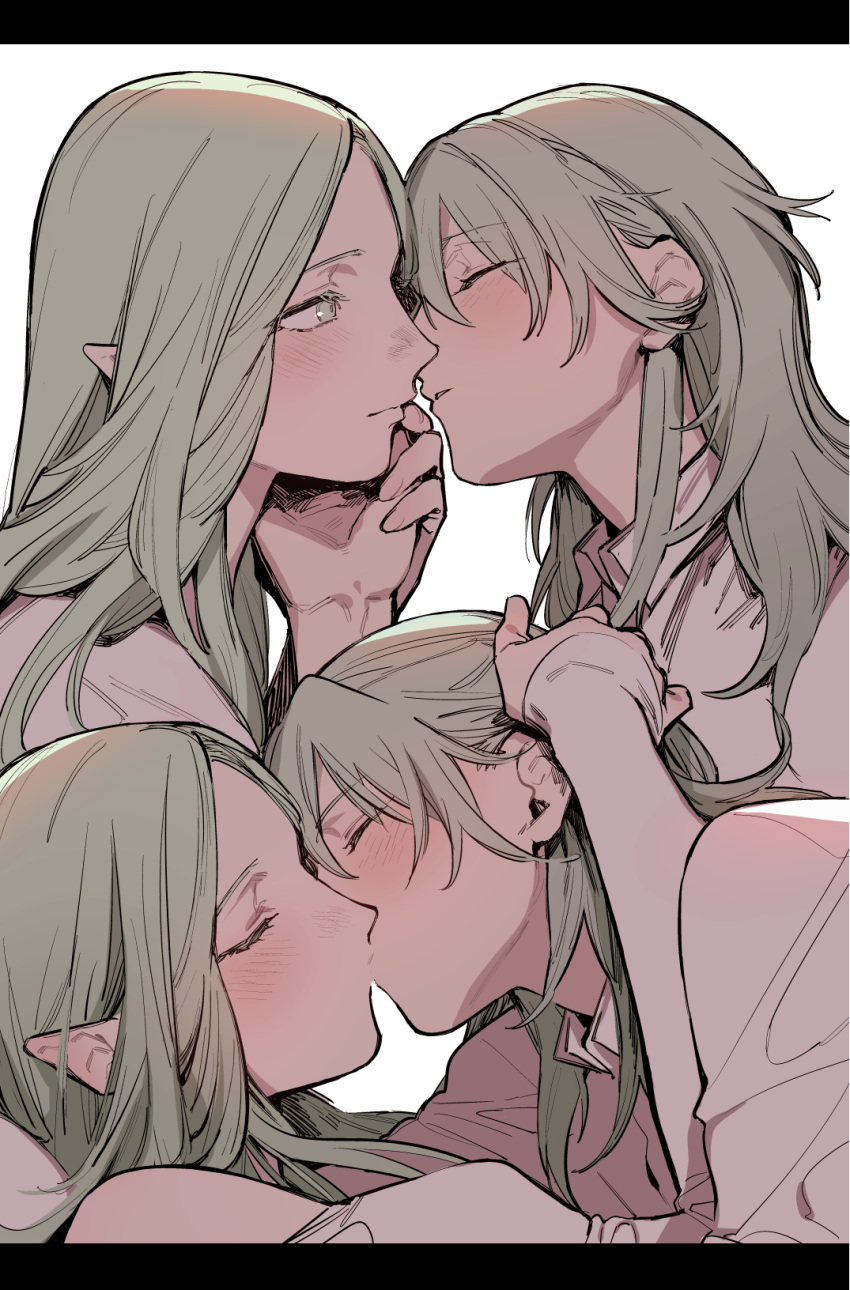 2girls, bangs, black_border, blush, border, byleth_(fire_emblem), byleth_eisner_(female), closed_eyes