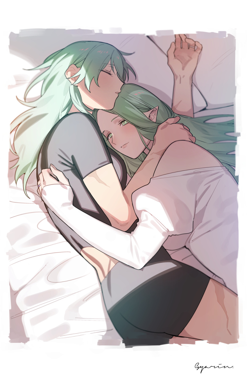 2girls, bangs, bed, black_shirt, black_shorts, blush, border, breasts