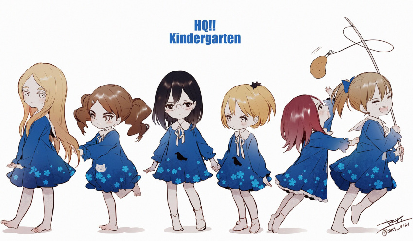 6+girls, barefoot, black_hair, blonde_hair, blue_shirt, blush, brown_hair, cat_ornament