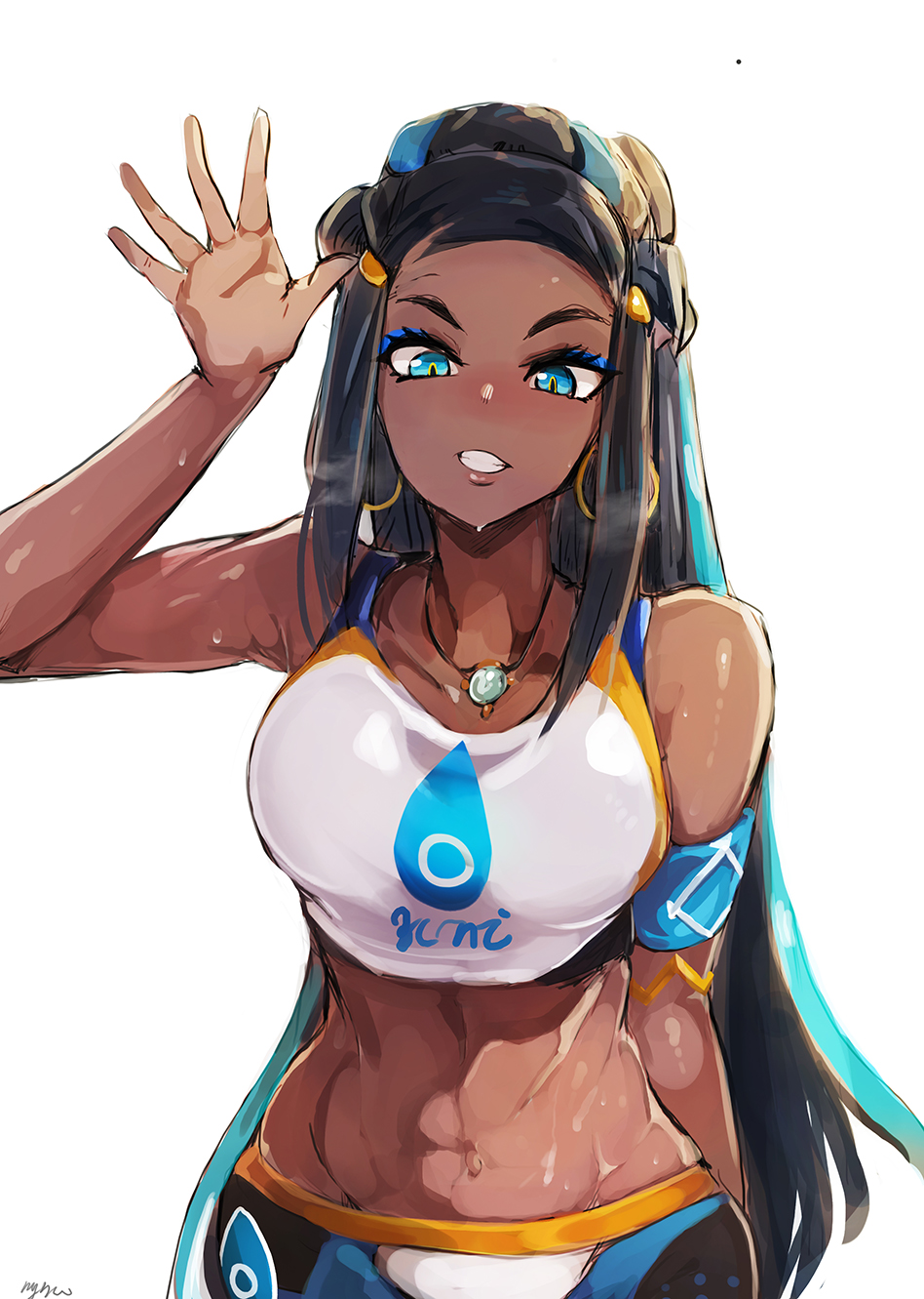 1girl, abs, black_hair, blue_eyes, blue_hair, breasts, dark_skin, earrings, highres, hoop_earrings, jewelry, long_hair, looking_at_viewer, midriff, multicolored_hair, my700, navel, nessa_(pokemon), pokemon, pokemon_(game), pokemon_swsh, simple_background, solo, waving, white_background