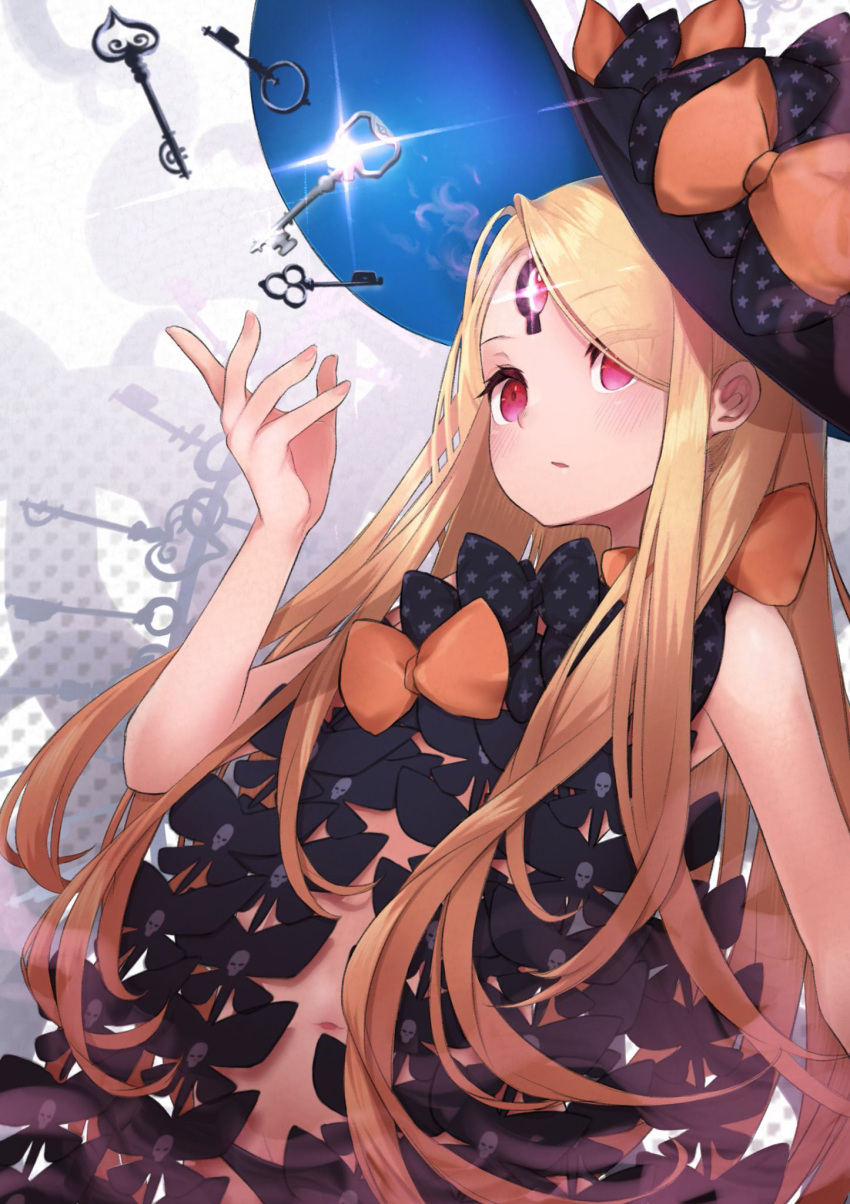 1girl, abigail_williams_(fate), bangs, bare_shoulders, black_bow, bow, breasts, collarbone